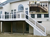<b>We removed the original decking, railing and gazebo. We installed Fiberon Good Life composite deck boards with white vinyl railing with round black aluminum balusters.</b>